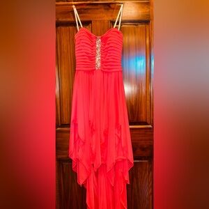 Vibrant Coral High-Low Dress with Strappy Design